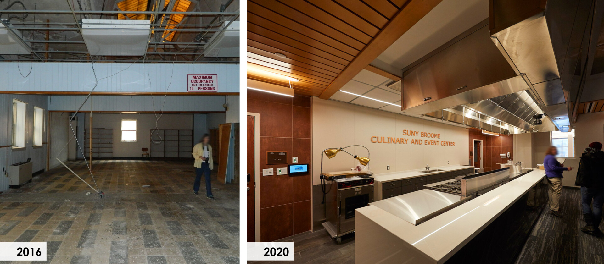 The second floor of the historic library had been significantly altered with dropped ceilings, wall paneling, and vinyl flooring. It is home to a new Demonstration Kitchen, where a camera projects the professor’s demonstration onto a screen for students to see.  