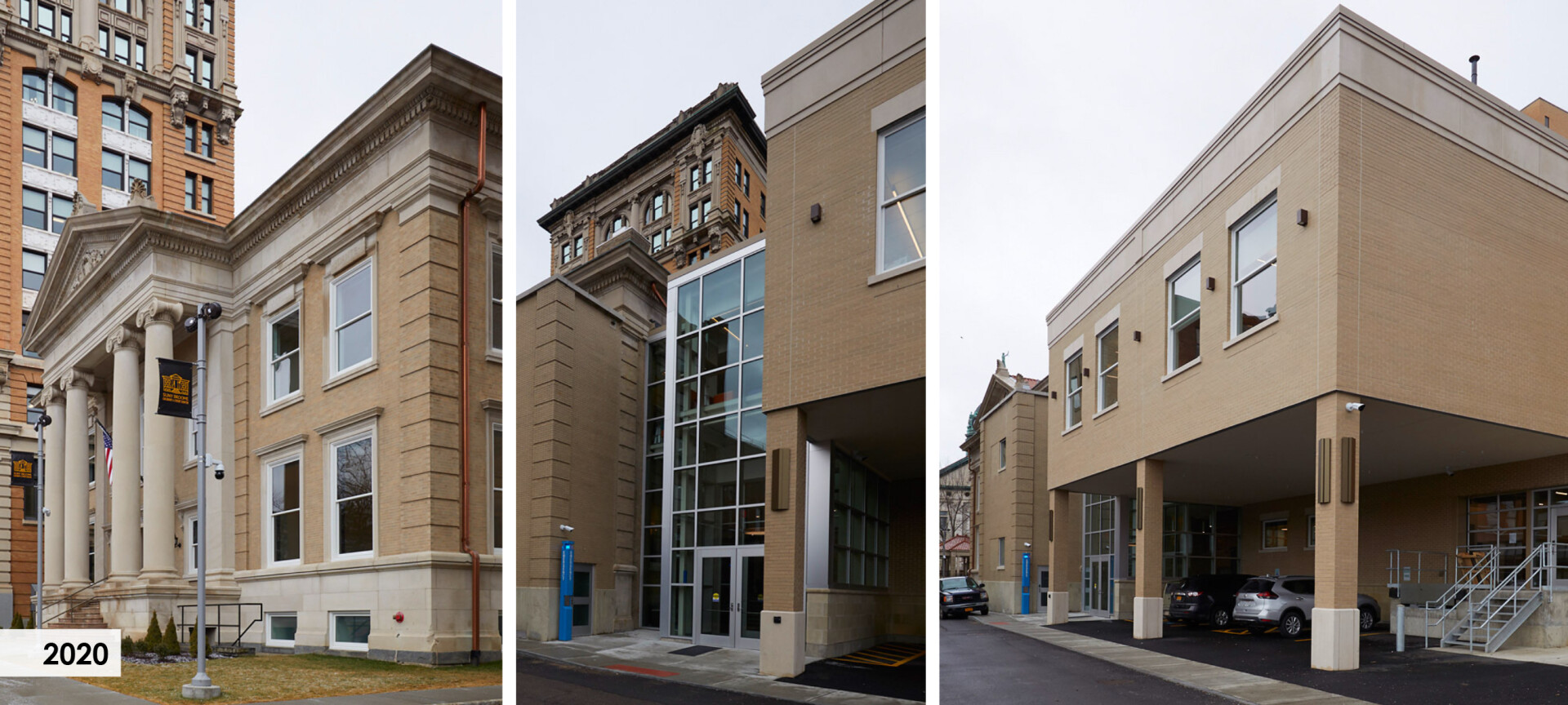 The addition complements the historic building without competing with it. The addition houses a new and accessible main entrance and some of the more complex culinary spaces.