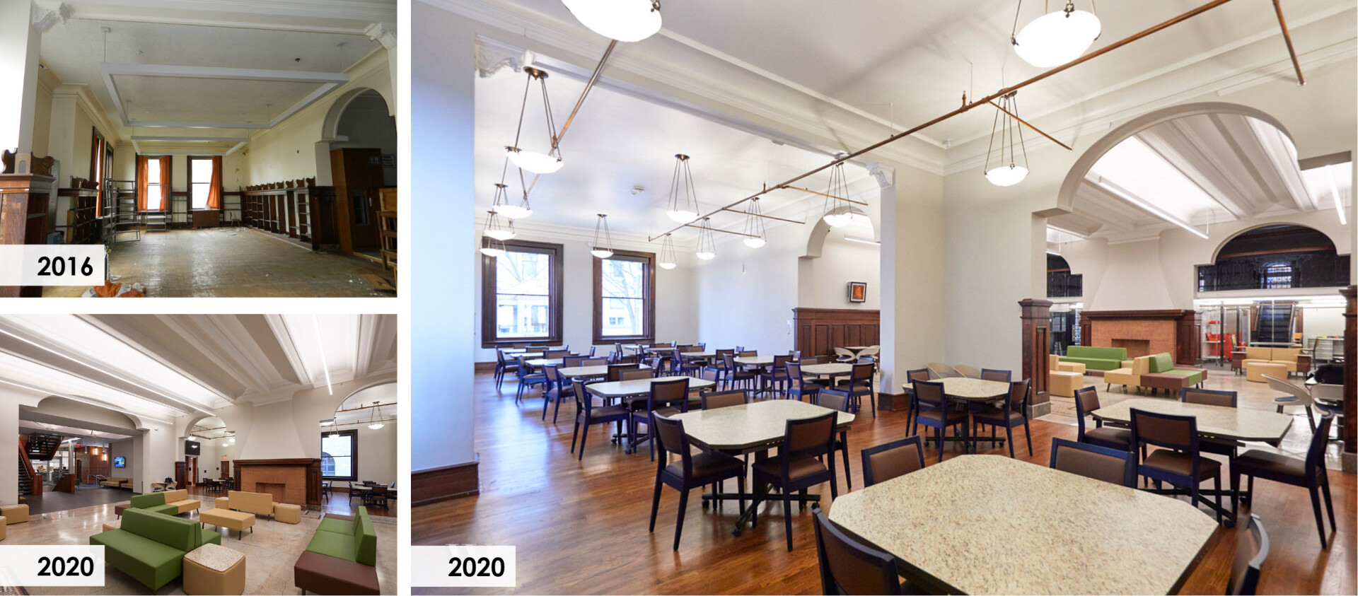 The former Reading Room is now a multi-purpose and event space, an opportunity for students to practice their skills. New wood flooring echoes the look and feel of the original. 