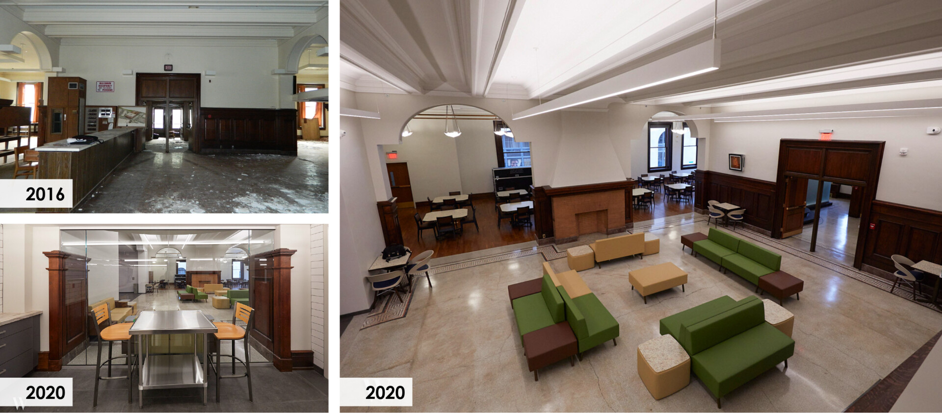 The central hall of the library is the heart of the new Culinary Center.  Now a student lounge, it connects to both the historic and new grand stairs, classrooms, and an event space. 