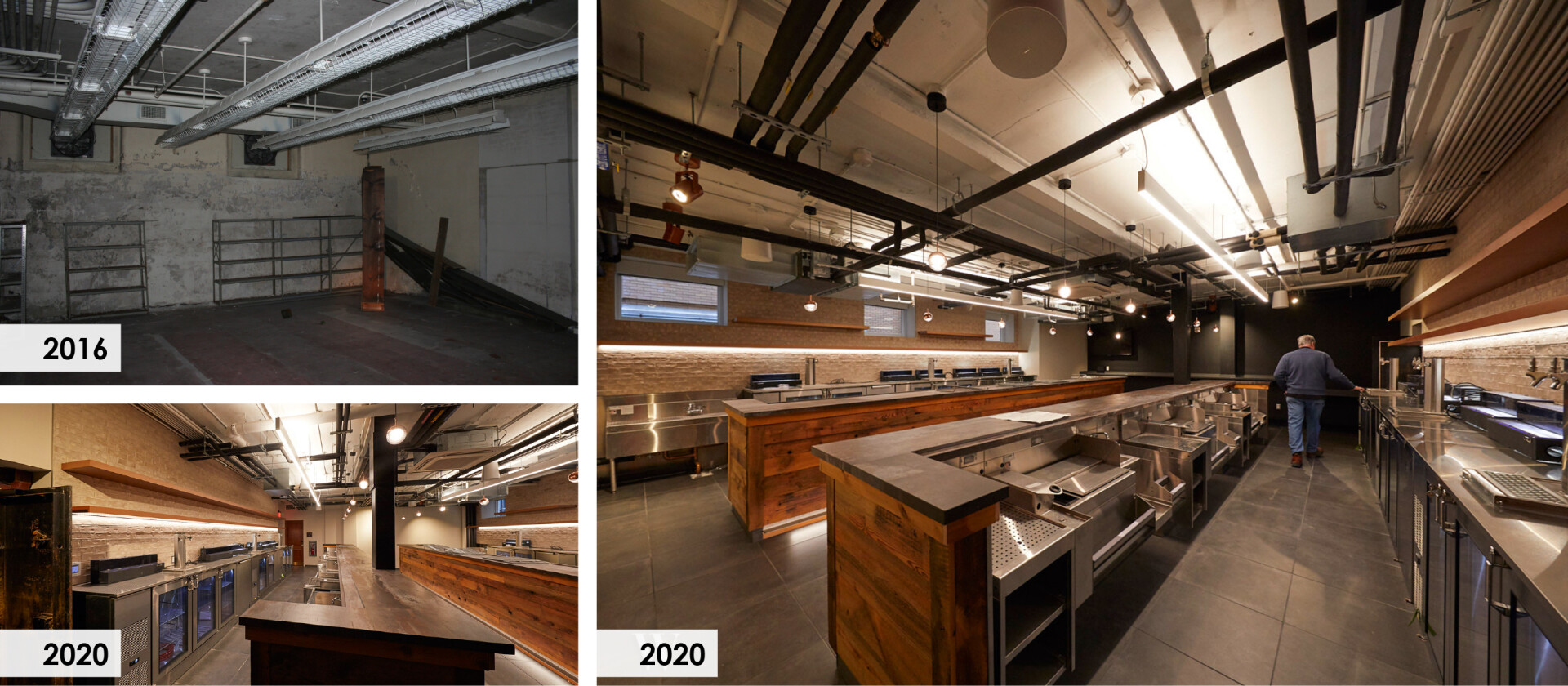 The lower level of the historic building had suffered the greatest amount of damage during its three decades of vacancy. It has been transformed into classrooms and offices for the school. Pictured here is the Beverage Lab, where students learn bartending skills. The wood wrapped bars, and copper lights and shelves, tie the design thematically with the rest of the building. 