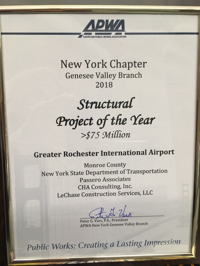 “Project of the Year Award” from the Genesee Valley Branch of the New York State Chapter of the American Public Works Associa