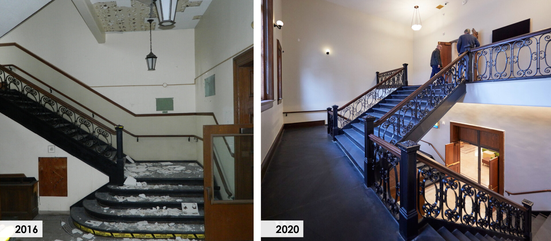 The historic grand stair has been restored with minimal intervention; the simple background providing a canvas for the sculptural form and design of the stair to shine. 