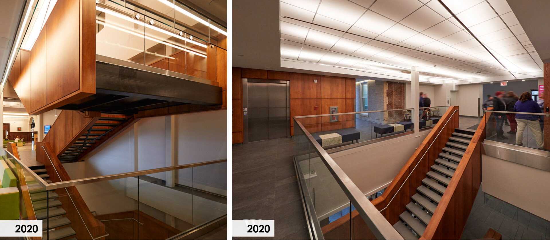 The new grand stair connects all three levels of the building. The wood used on the guardrail and around the elevator shaft are a contemporary reference to the historic wood paneling. 